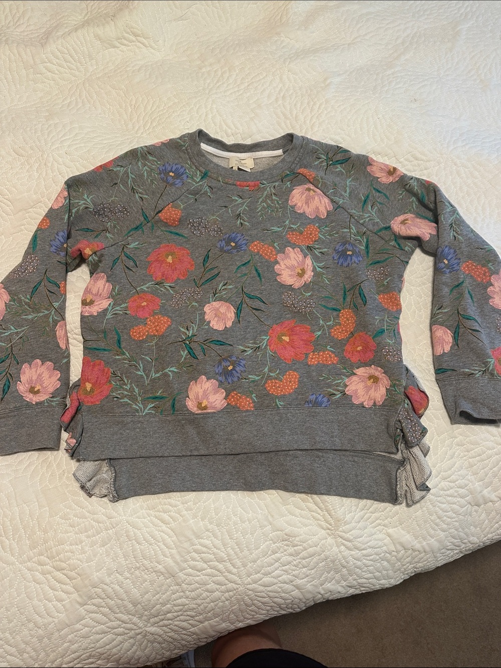 Kate Spade Gray Floral Crewneck Sweater with Pink, Red & Blue Blooms